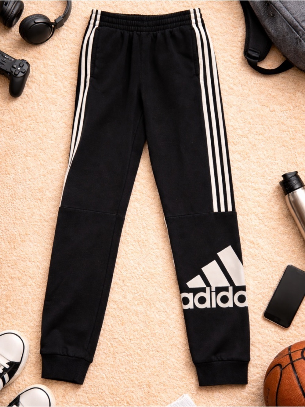 Adidas Boys 14/16 Large Black 3 Stripe Jogger Sweatpants Athletic Track Pants